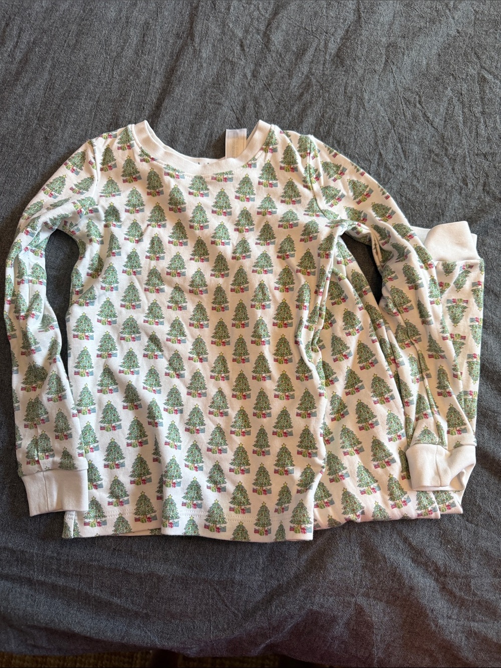 Kids Holiday Pajama Top & Bottom Set - White with Green & Red Tree Print